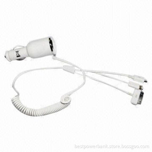 Car Charger with 3-in-1 Spring Cable, Use for iPhone 5S/5C/4S/Samsung/HTC, Blister Package